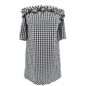 Vineyard Vines Black Gingham Check Off Shoulder Ruffle Mini Shift Dress XXS Prep